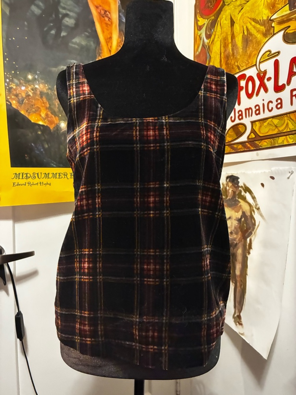 J. Crew Black Plaid Velvet Tank with Burgundy and Tan Stripes